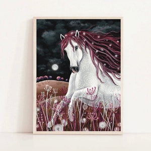 May include: A white horse with a pink mane and tail stands in a field of pink flowers under a starry night sky. The horse has a white swirl pattern on its body and a moon is visible in the background.