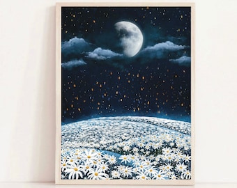 A3 A4 A5 Original Art print | Moon | Daisy field | Flowers | Landscape art | White flower art | Daisy poster print | Botanical Floral print