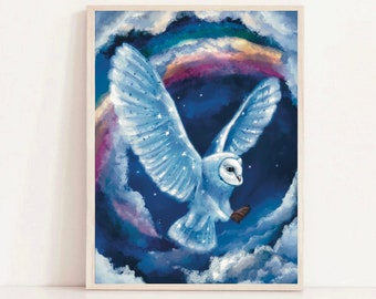A4 | Owl art print - Rainbow art print - Fantasy Owl - Nursery art print owl - Clouds - Flying owl decor - Owl home decor
