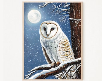 Impresión artística original A5 A4 / Espiritual / Arte de guía espiritual / Impresión artística de búho invernal / Arte lunar / Póster de arte fantástico Arte caprichoso - Arte de bosques