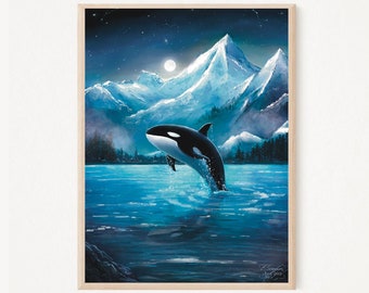 A3 Large print | Orca Whale Art print | Whale Nursery art | Arctic Wall Art  | Fantasy Art poster | Killer Whale art print | Whale Painting