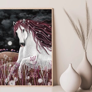 May include: A white horse with a long, flowing mane of burgundy hair stands in a field of tall grass under a dark, starry sky. The horse's mane is adorned with sparkling glitter, and the moon is visible in the background.