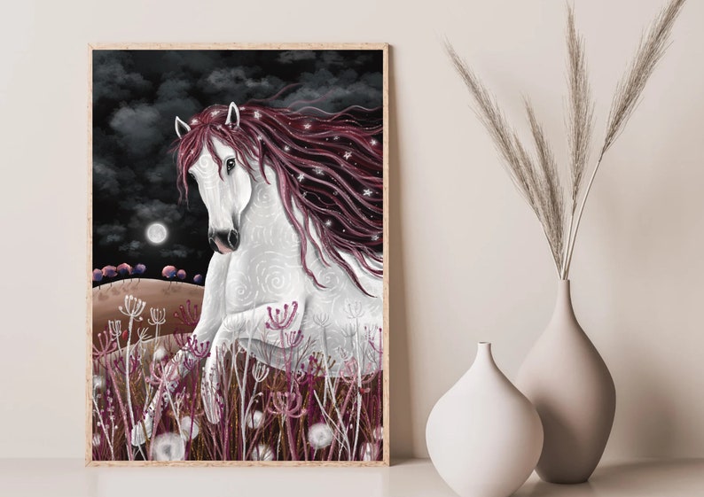 May include: A white horse with a long, flowing mane of burgundy hair stands in a field of tall grass under a dark, starry sky. The horse's mane is adorned with sparkling glitter, and the moon is visible in the background.