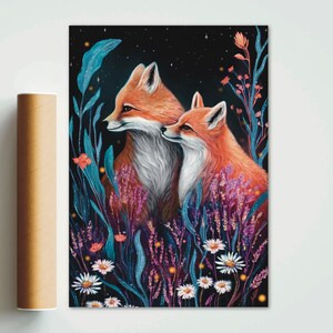 Stampa volpe A4 A5 - Arte murale volpe - Decorazione per la casa - Regalo volpe - Arte murale bosco - Stampa fauna selvatica - Regalo primaverile - Arte forestale - Due volpi amano immagine 5