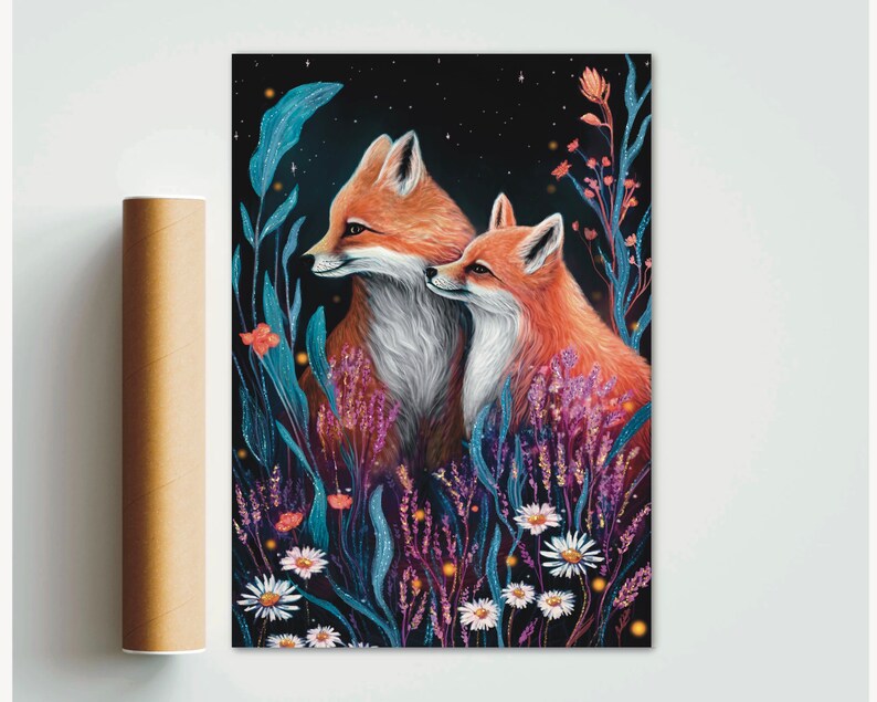 Stampa volpe A4 A5 - Arte murale volpe - Decorazione per la casa - Regalo volpe - Arte murale bosco - Stampa fauna selvatica - Regalo primaverile - Arte forestale - Due volpi amano immagine 5