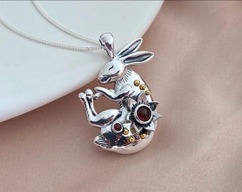925 Sterling Silver Bunny Pendant - Natural Moonstone jewelry - Gift for her - Hare pendant - birthstone pendant - Moonstone necklace