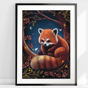 May include: Framed art print featuring a red panda nestled in a tree. The artwork has a dark blue background with a crescent moon and butterflies. The red panda has orange fur with white accents, and the tree has berries and glowing lights.