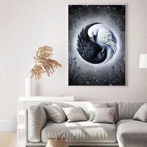 May include: A black and white yin yang symbol with a black crow and a white crow facing each other. The background is a dark gray with white stars and branches.