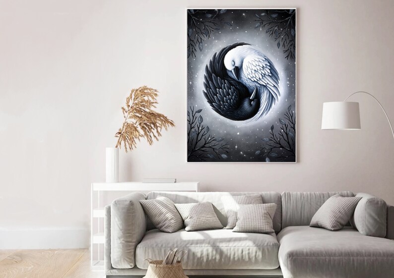 May include: A black and white yin yang symbol with a black crow and a white crow facing each other. The background is a dark gray with white stars and branches.