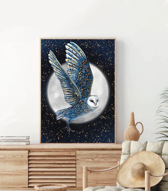 A4 Barn Owl art print - Fairytale art - Woodland - Mystical art print - Disney wall art - Owl home decor - Gift for her - Owl gift - Stars