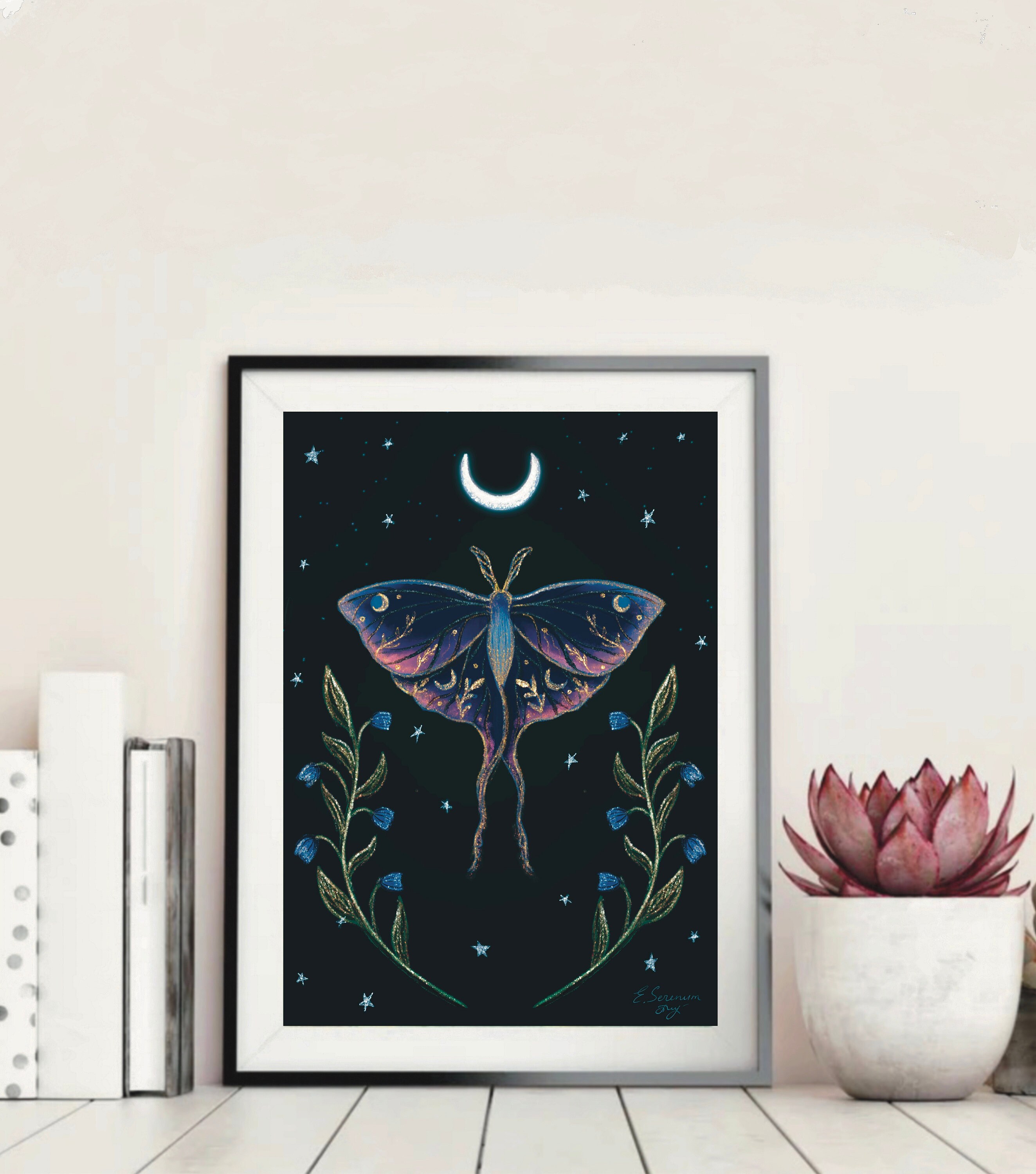 Instant Download - Mystical Moth and Moon Crescent Art - Celestial Wall ...