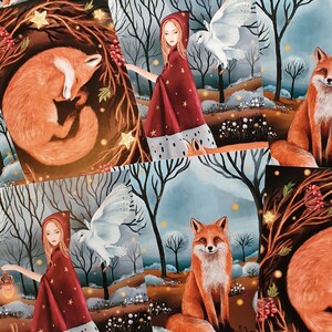 May include: A set of five illustrated cards featuring a red-hooded girl, a white owl, and foxes in a winter forest setting. The cards have a whimsical and magical feel.
