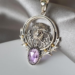 925 Sterling Silver Thistle Pendant - Natural Amethyst jewelry - Flower pendant- Thistle necklace - birthstone pendant - Scottish Thistle