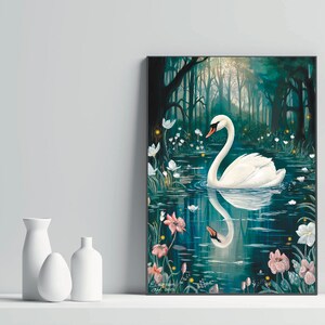 May include: A white swan swims in a dark blue pond surrounded by white and pink flowers. The swan's reflection is visible in the water. The background is a dark green forest.