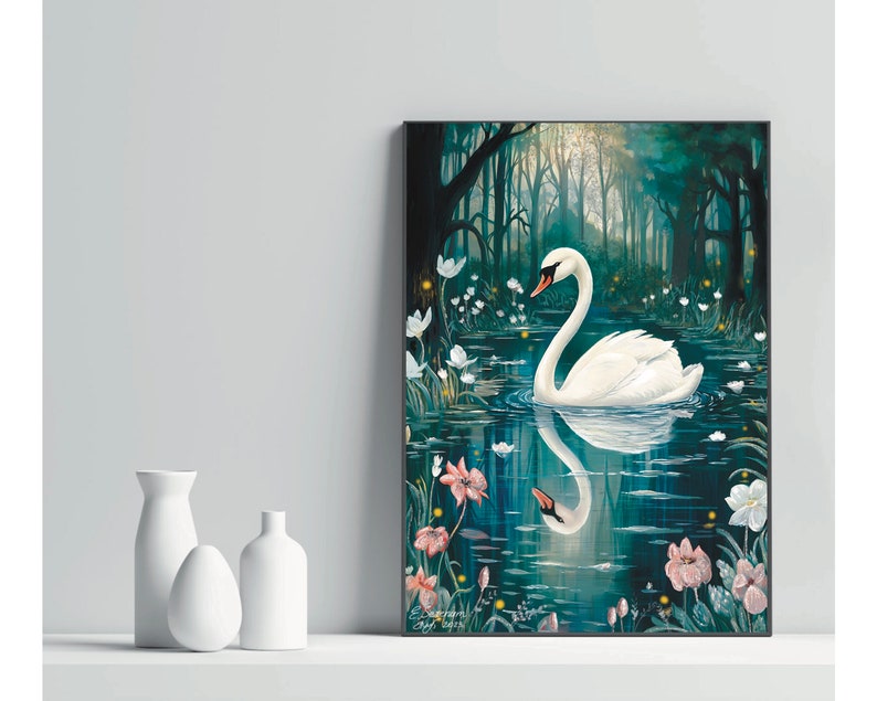 May include: A white swan swims in a dark blue pond surrounded by white and pink flowers. The swan's reflection is visible in the water. The background is a dark green forest.