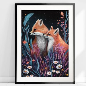 Stampa volpe A4 A5 - Arte murale volpe - Decorazione per la casa - Regalo volpe - Arte murale bosco - Stampa fauna selvatica - Regalo primaverile - Arte forestale - Due volpi amano immagine 2