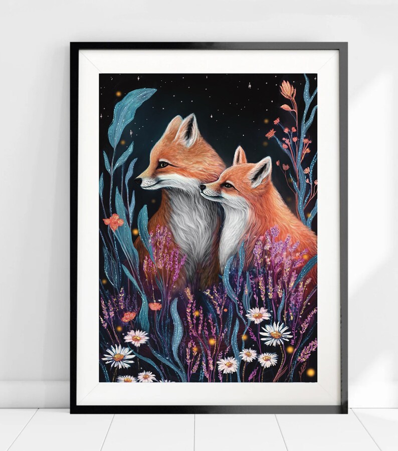 Stampa volpe A4 A5 - Arte murale volpe - Decorazione per la casa - Regalo volpe - Arte murale bosco - Stampa fauna selvatica - Regalo primaverile - Arte forestale - Due volpi amano immagine 2