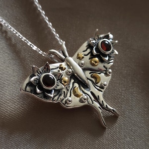 925 Sterling Silver Moth Pendant - Garnet jewelry - Gift for her -  Night Moth pendant - Birthstone pendant- Lunar moth - Silver jewelry