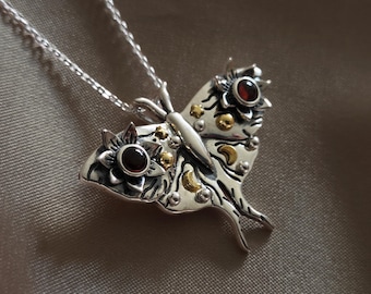 925 Sterling Silver Moth Pendant - Garnet jewelry - Gift for her -  Night Moth pendant - Birthstone pendant- Luna moth - Silver jewelry