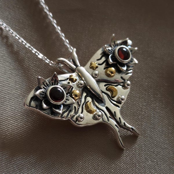 925 Sterling Silver Moth Pendant - Garnet jewelry - Gift for her -  Night Moth pendant - Birthstone pendant- Lunar moth - Silver jewelry