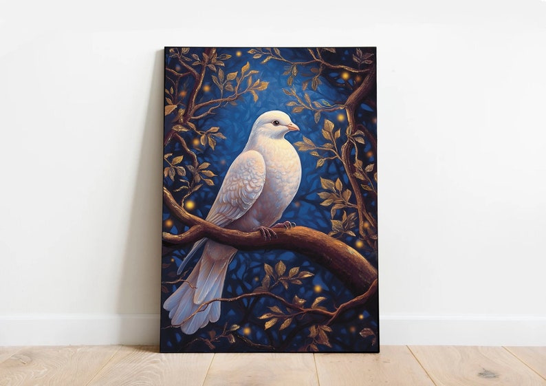 May include: A white dove with a light brown beak perched on a branch in a dark blue forest. The dove has a white tail and is surrounded by golden leaves and glowing lights.