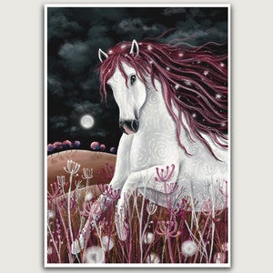 May include: A white horse with a long, flowing mane of pink and white hair runs through a field of tall, pink wildflowers. The horse is illuminated by a full moon in the night sky.