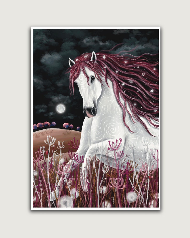 May include: A white horse with a long, flowing mane of pink and white hair runs through a field of tall, pink wildflowers. The horse is illuminated by a full moon in the night sky.