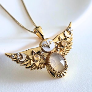 18K Gold Owl Pendant with Moonstones - Birthstone jewelry - Owl necklace- Luxury owl pendant - Spiritual owl - Gold owl gift necklace