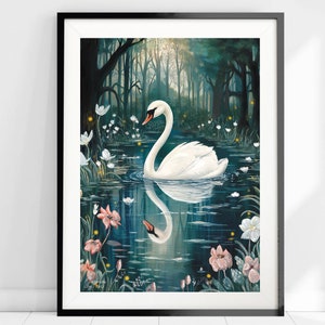 May include: A white swan swims in a dark blue pond surrounded by green trees and white and pink flowers. The swan's reflection is visible in the water.