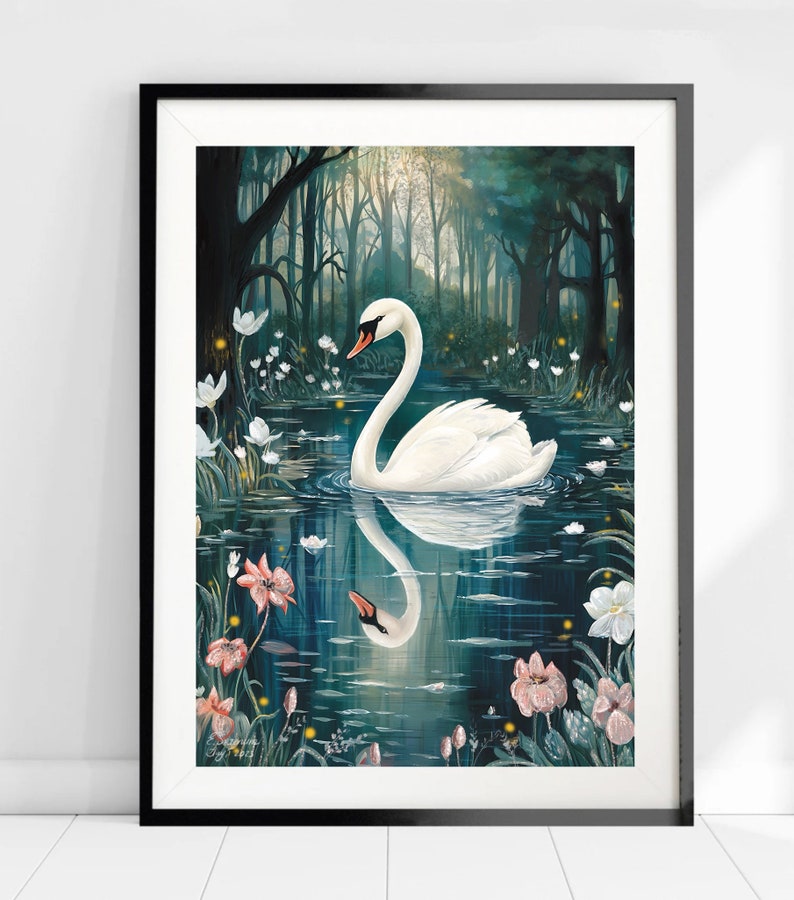 May include: A white swan swims in a dark blue pond surrounded by green trees and white and pink flowers. The swan's reflection is visible in the water.