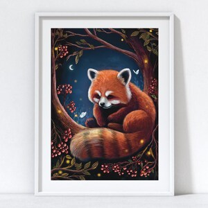 May include: A framed art print featuring a red panda resting in a tree. The artwork has a whimsical style, with a dark blue night sky, a crescent moon, and glowing fireflies. The red panda has a fluffy tail and is surrounded by berries.