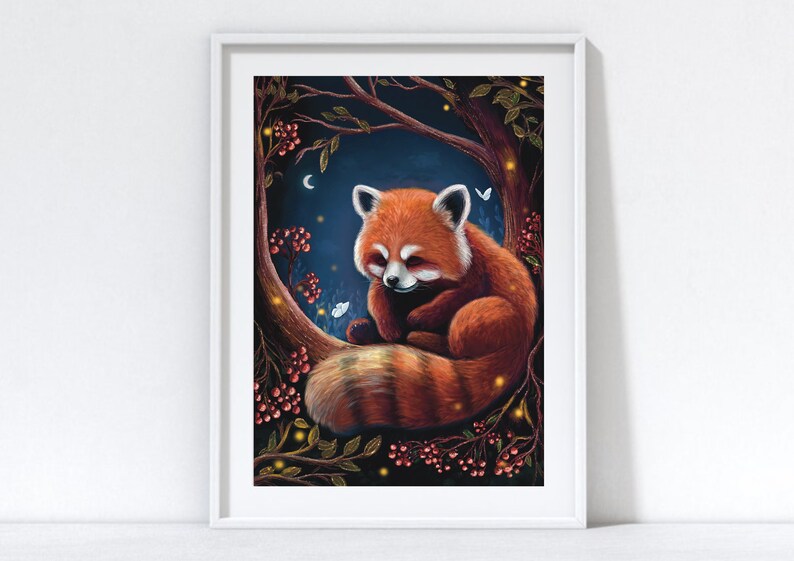 May include: A framed art print featuring a red panda resting in a tree. The artwork has a whimsical style, with a dark blue night sky, a crescent moon, and glowing fireflies. The red panda has a fluffy tail and is surrounded by berries.