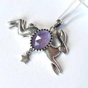 925 Sterling Silver Bunny Pendant - Natural Amethyst jewelry - Leaping Hare pendant- Witchcraft Amulet- Natural Moonstone - Rabbit necklace