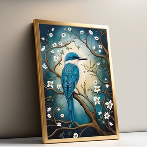 May include: A framed painting of a blue bird perched on a branch with white blossoms. The background is a dark blue and green with a hint of yellow.