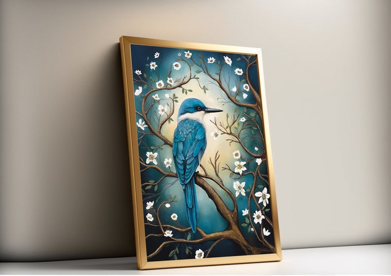 May include: A framed painting of a blue bird perched on a branch with white blossoms. The background is a dark blue and green with a hint of yellow.