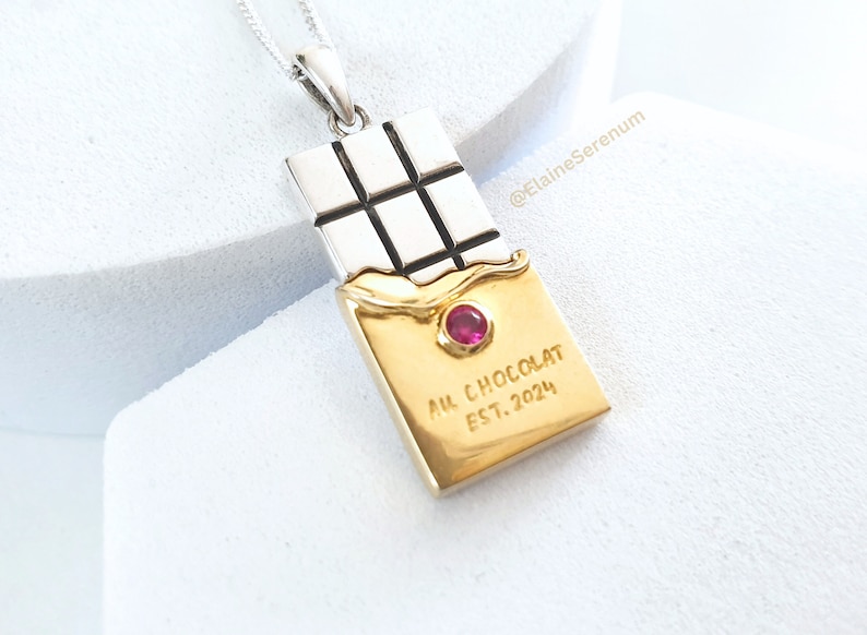 chocolate bar pendant, chocolate necklace, chocolate pendant, 18k gold necklace, ruby, sweet pendant, gift for her, jewelry