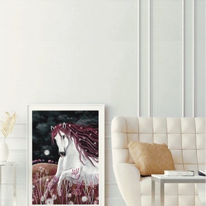 May include: A white horse with a long, flowing mane of burgundy hair stands in a field of purple flowers under a dark sky with a full moon.