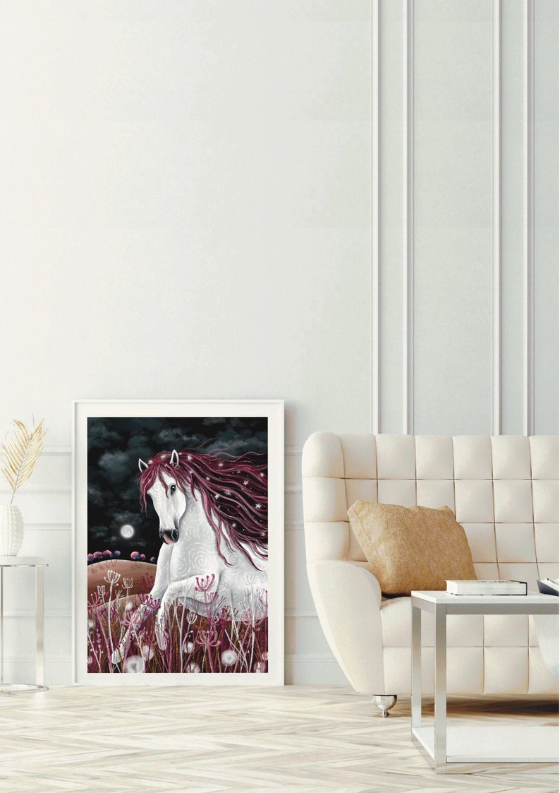 May include: A white horse with a long, flowing mane of burgundy hair stands in a field of purple flowers under a dark sky with a full moon.