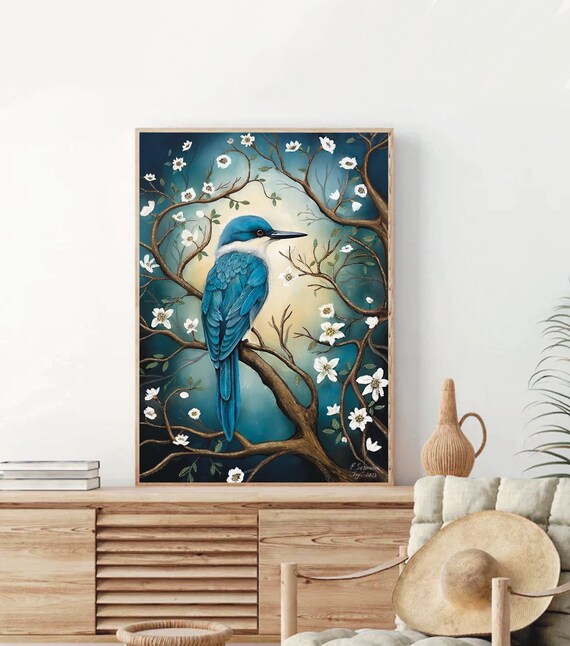 A3 A4 A5 Kingfisher art print - Cute Bird art print - Kingfisher wall art - Poster - Woodland art - Floral art print - Cute floral art