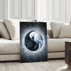 May include: A black and white yin yang symbol with two birds, one black and one white, facing each other. The background is a dark blue with white stars.