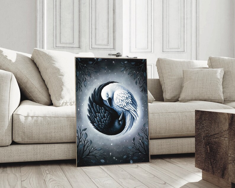 May include: A black and white yin yang symbol with two birds, one black and one white, facing each other. The background is a dark blue with white stars.