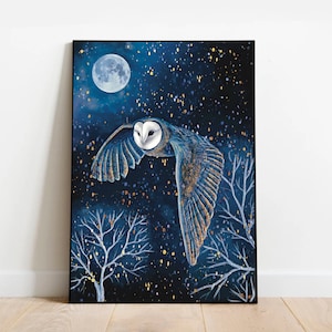 A5 A4 Set of 4 Prints - Night Whimsical print - Hare and Owl print - Owl print - Midnight Moon Folklore print - Wiccan art print - Woodland