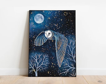 Conjunto de 4 impresiones A5 A4: Impresión caprichosa nocturna, Impresión de liebre y búho, Impresión de búho, Impresión folclórica de luna de medianoche, Impresión de arte wiccano, Impresión de bosque