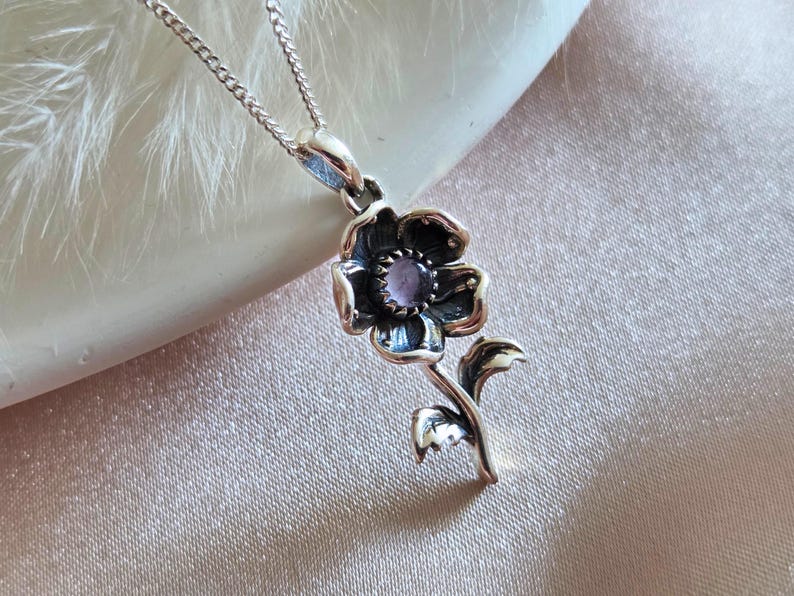 925 Sterling Silver Flower Amethyst Pendant - Flower amethyst charm - Silver floral jewelry - Designer jewelry - Birthstone jewelry image 2