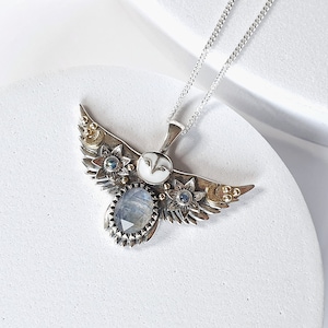 Silver and 18K gold Owl Pendant - Natural Moonstone jewelry - Owl necklace -  Cute owl pendant - Spiritual owl pendant - Luxury Flying owl