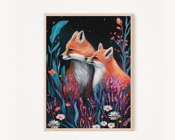 A4 A5 Fox Print - Fox wall art - Home Decor - Fox gift - Woodland wall art - Wildlife print - Spring gift - Forest art - Two foxes love