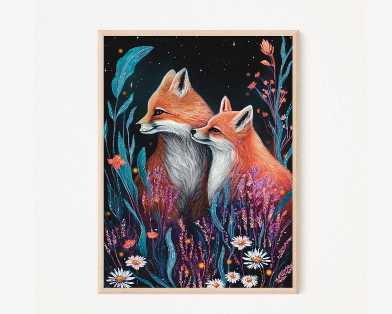 Stampa volpe A4 A5 - Arte murale volpe - Decorazione per la casa - Regalo volpe - Arte murale bosco - Stampa fauna selvatica - Regalo primaverile - Arte forestale - Due volpi amano immagine 1