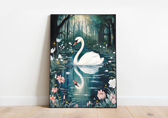 A3 Large Swan on the lake art print | Forest art poster | White swan | Bird art print | Woodlands art Botanical Garden art Floral art print