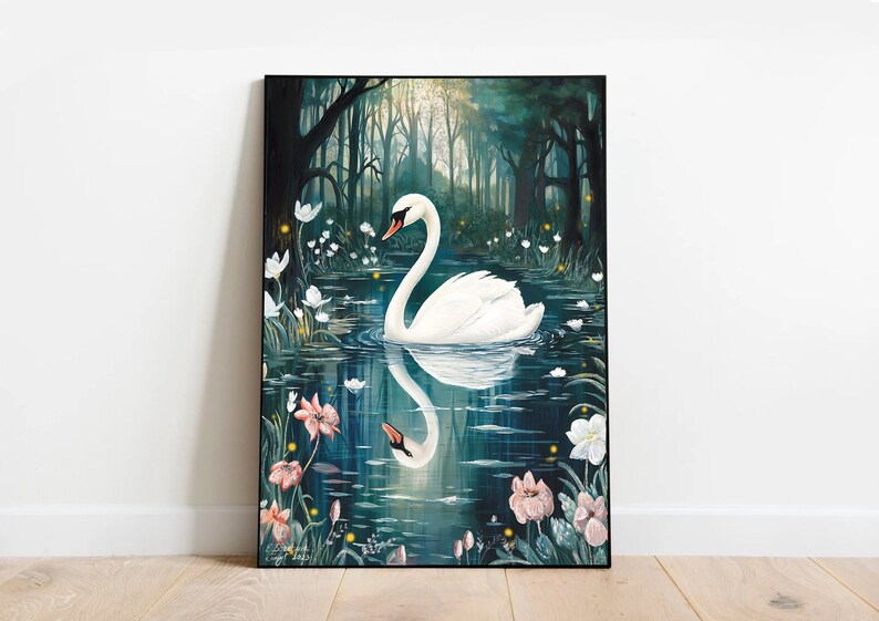 May include: A white swan swims in a dark blue pond surrounded by white and pink flowers. The swan's reflection is visible in the water. The background is a dark green forest.
