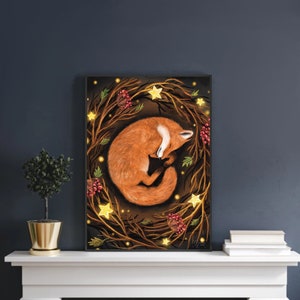 May include: A digital illustration of a curled up orange fox sleeping inside a wreath of brown branches with glowing yellow stars and red berries.
